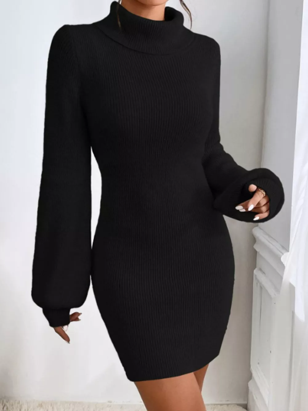 Turtleneck Ribbed Knit Sweater Dress, image 14