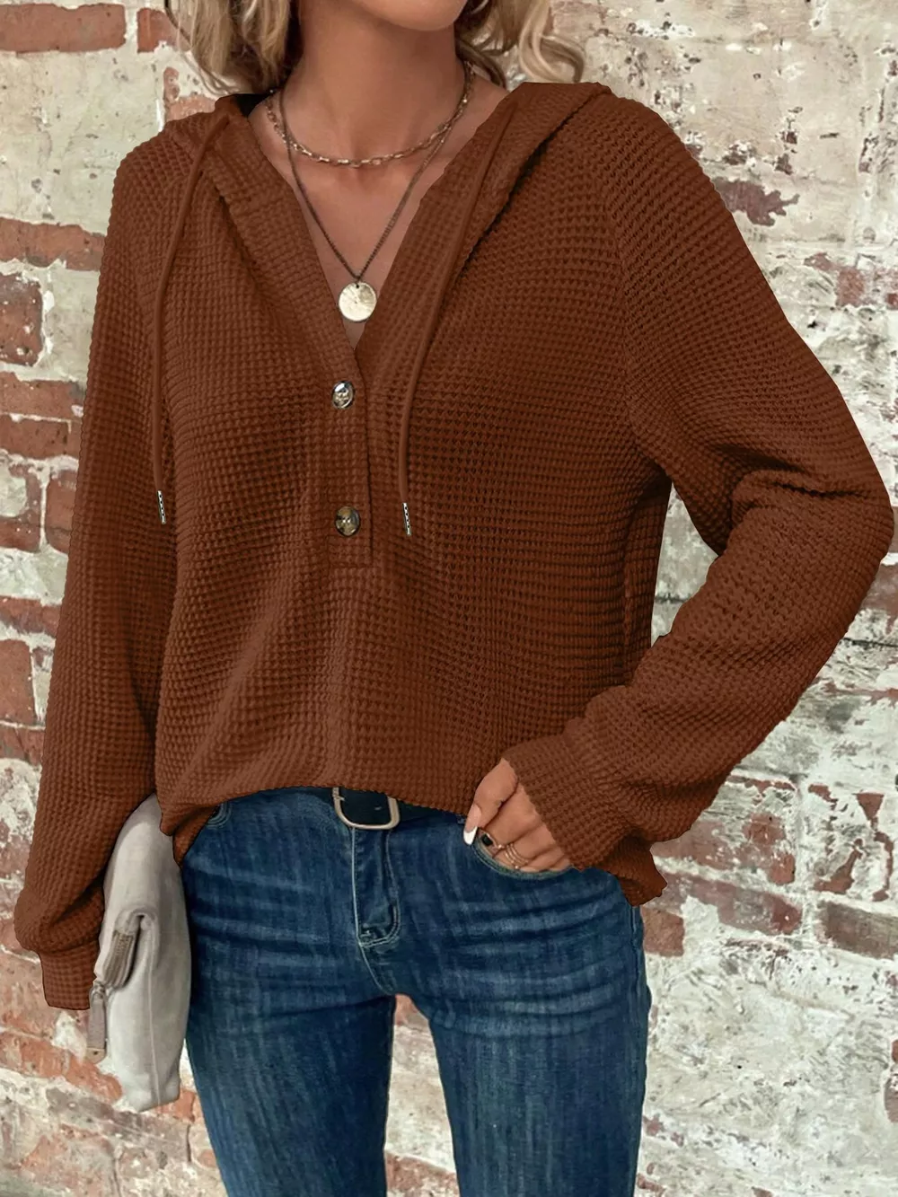 Waffle Knit Button Detail Hoodie, image 24
