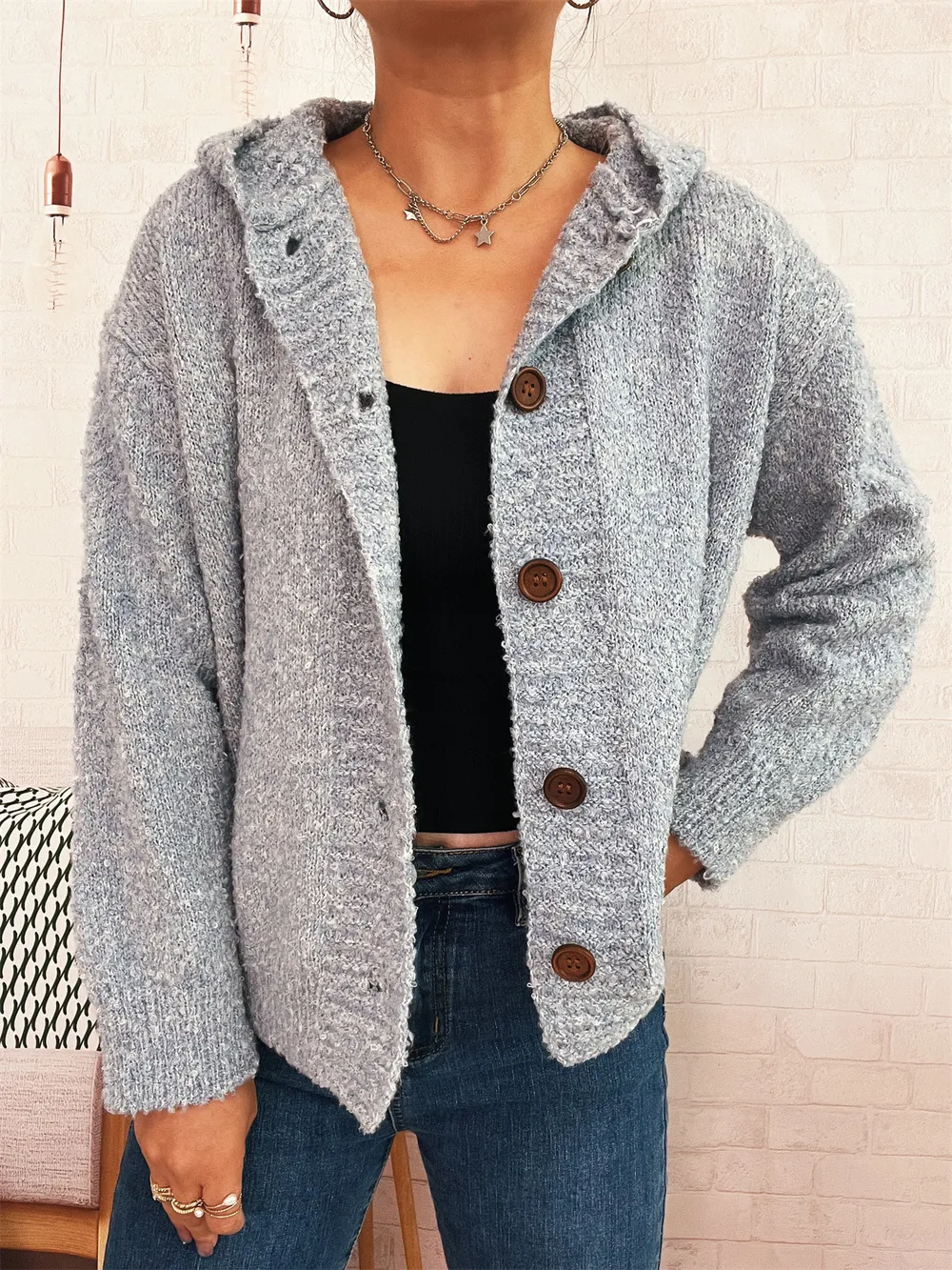 Cozy Button-Up Hooded Cardigan, image 12