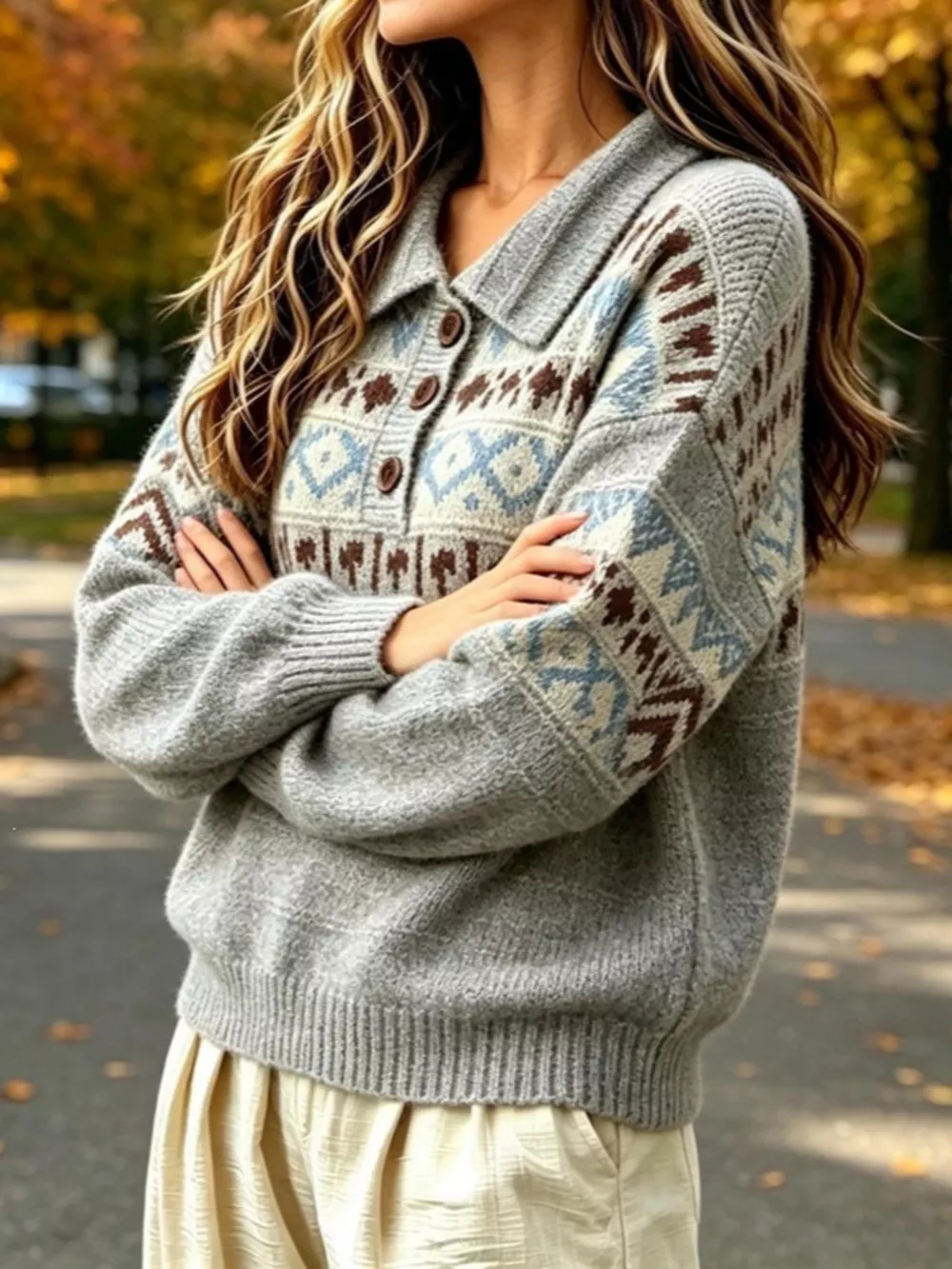 Full Size Vintage Fair Isle Pattern Polo Collar Sweater Plus Size, image 7