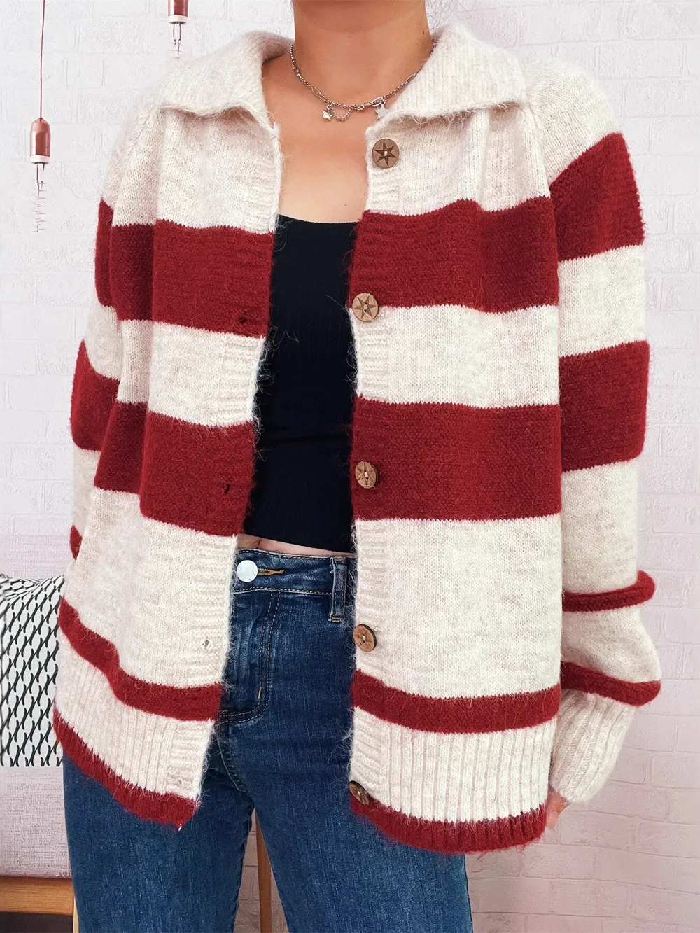 Striped Button-Up Cozy Cardigan, image 2