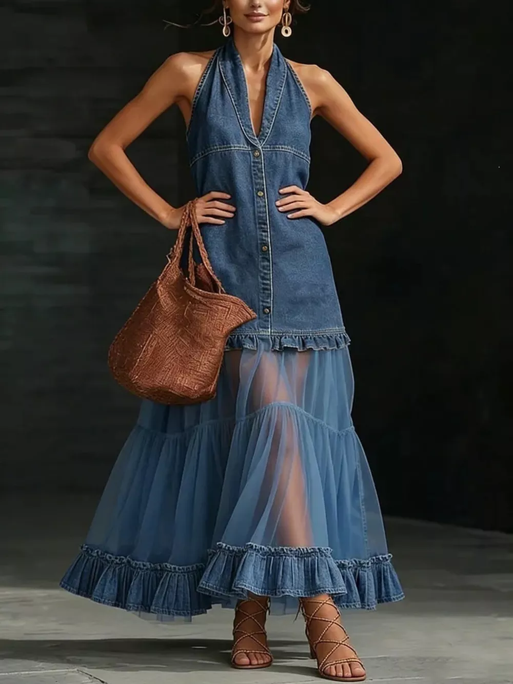 Full Size Ruffle Hem Sleeveless Sheer Tulle Denim Dress Plus Size, image 5