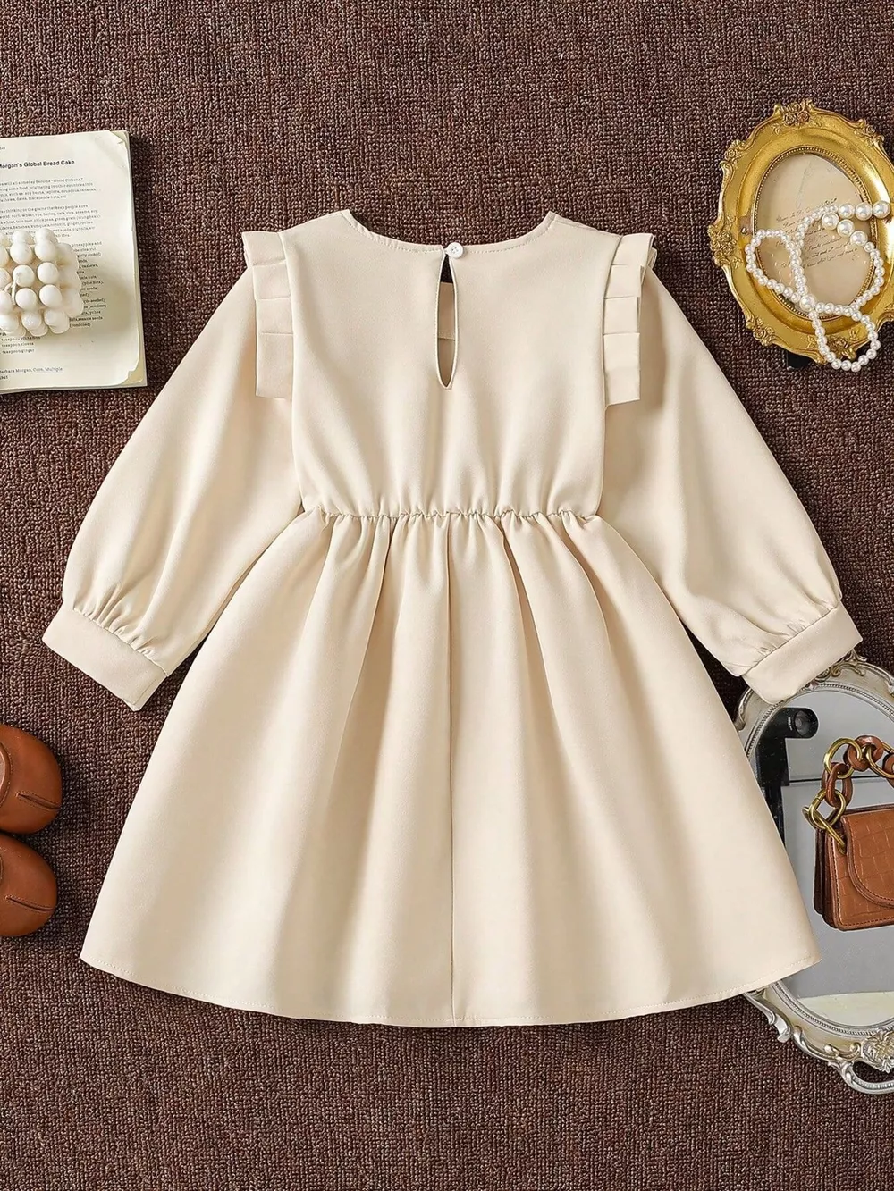 Children's Long-Sleeve Dress with 3D Floral Appliques and Pearl Accents, image 7
