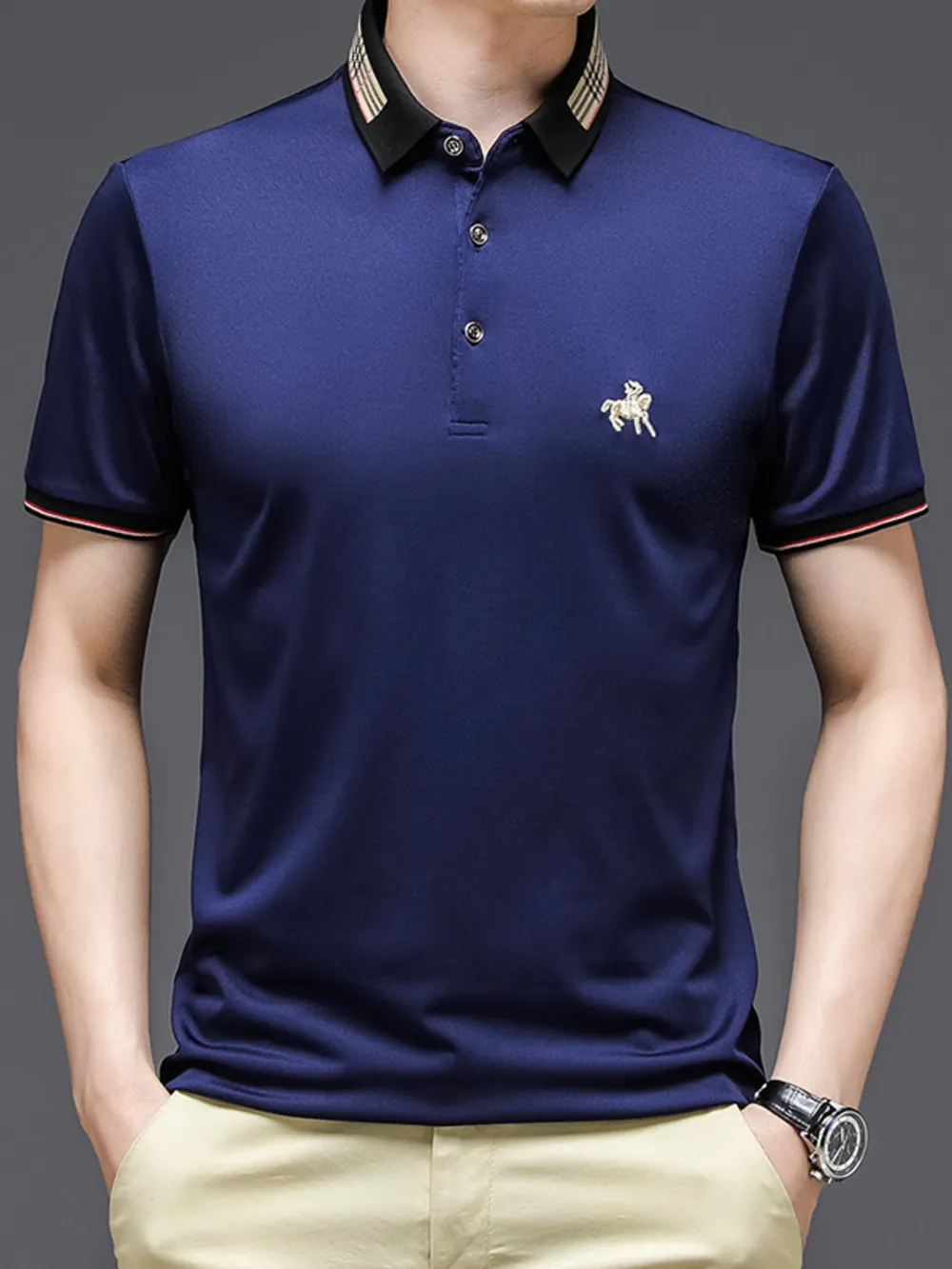 Men's Plus Size Contrast Collar Embroidered Detail Polo, image 4