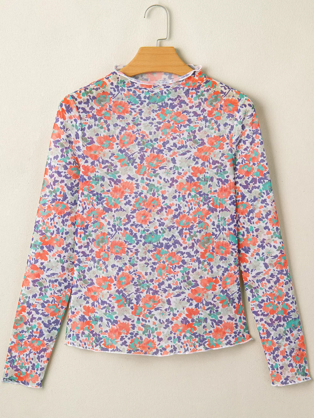 Floral Print Sheer Mesh Long Sleeve Mock Neck Top, image 5