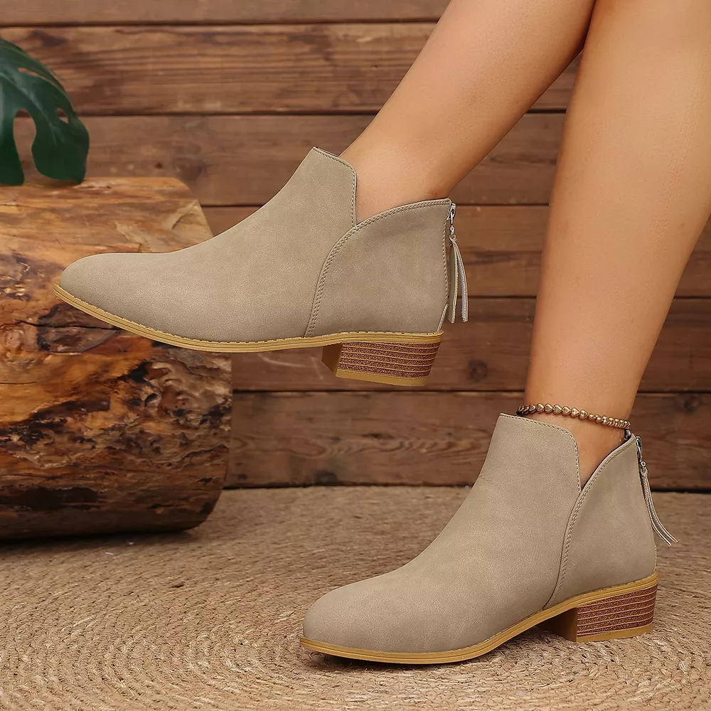 Classic Faux Leather V-Cut Ankle Boots with Block Heel, image 9