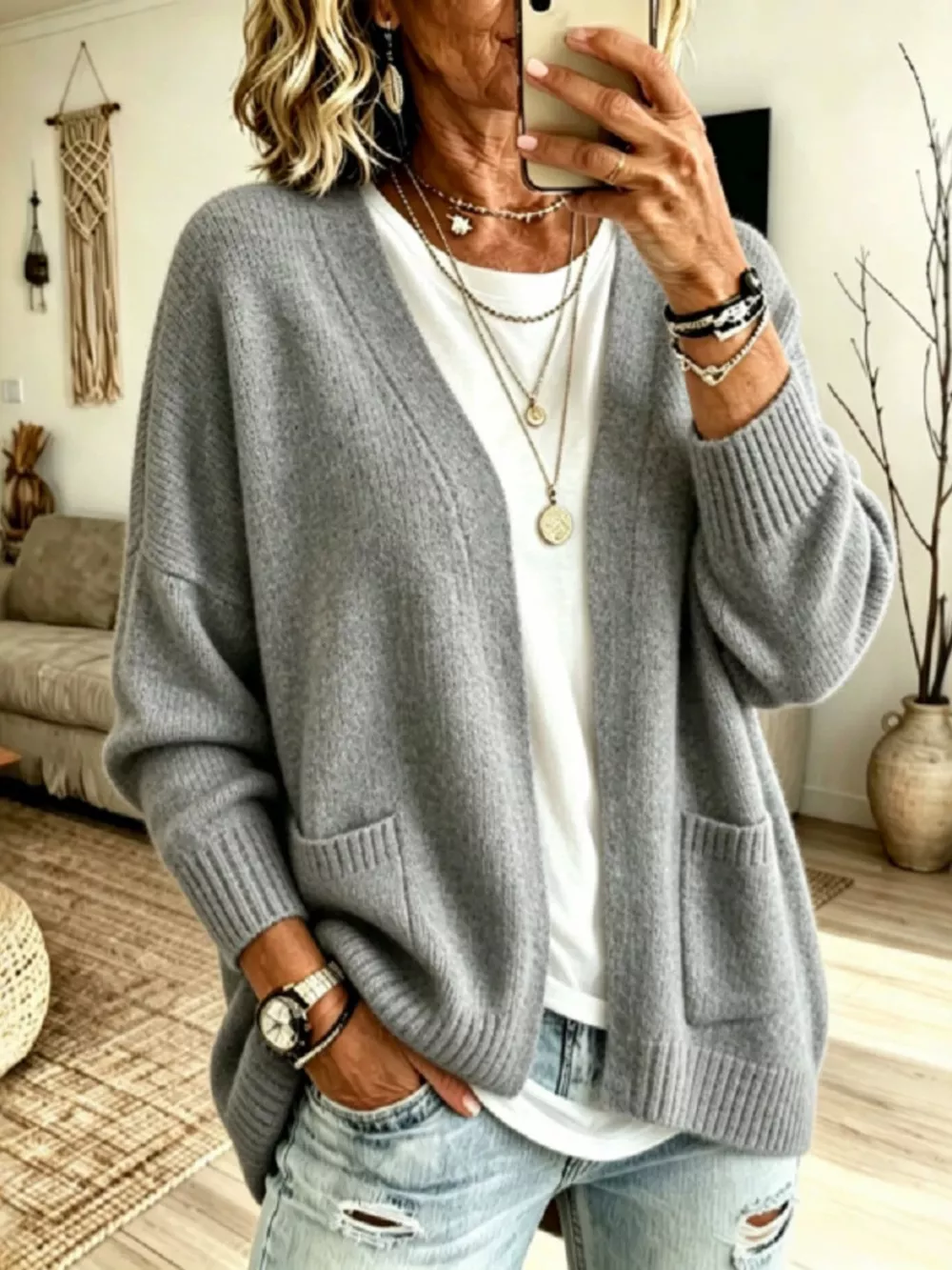 Open Front Knit Cardigan with Pockets, image 3