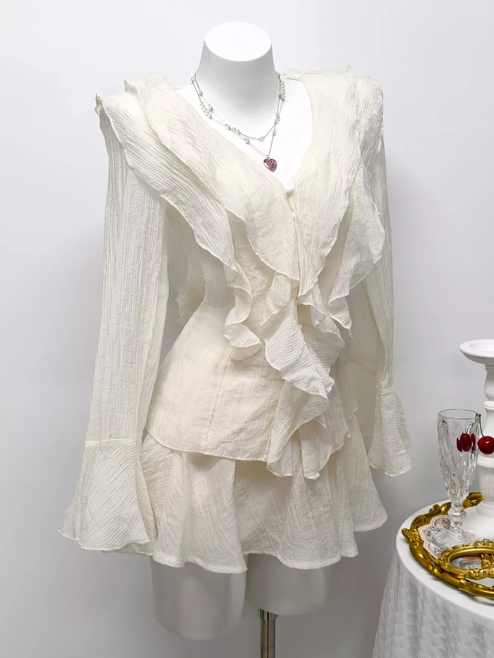 Ruffle Trimmed Blouse and Skirt Set, image 2