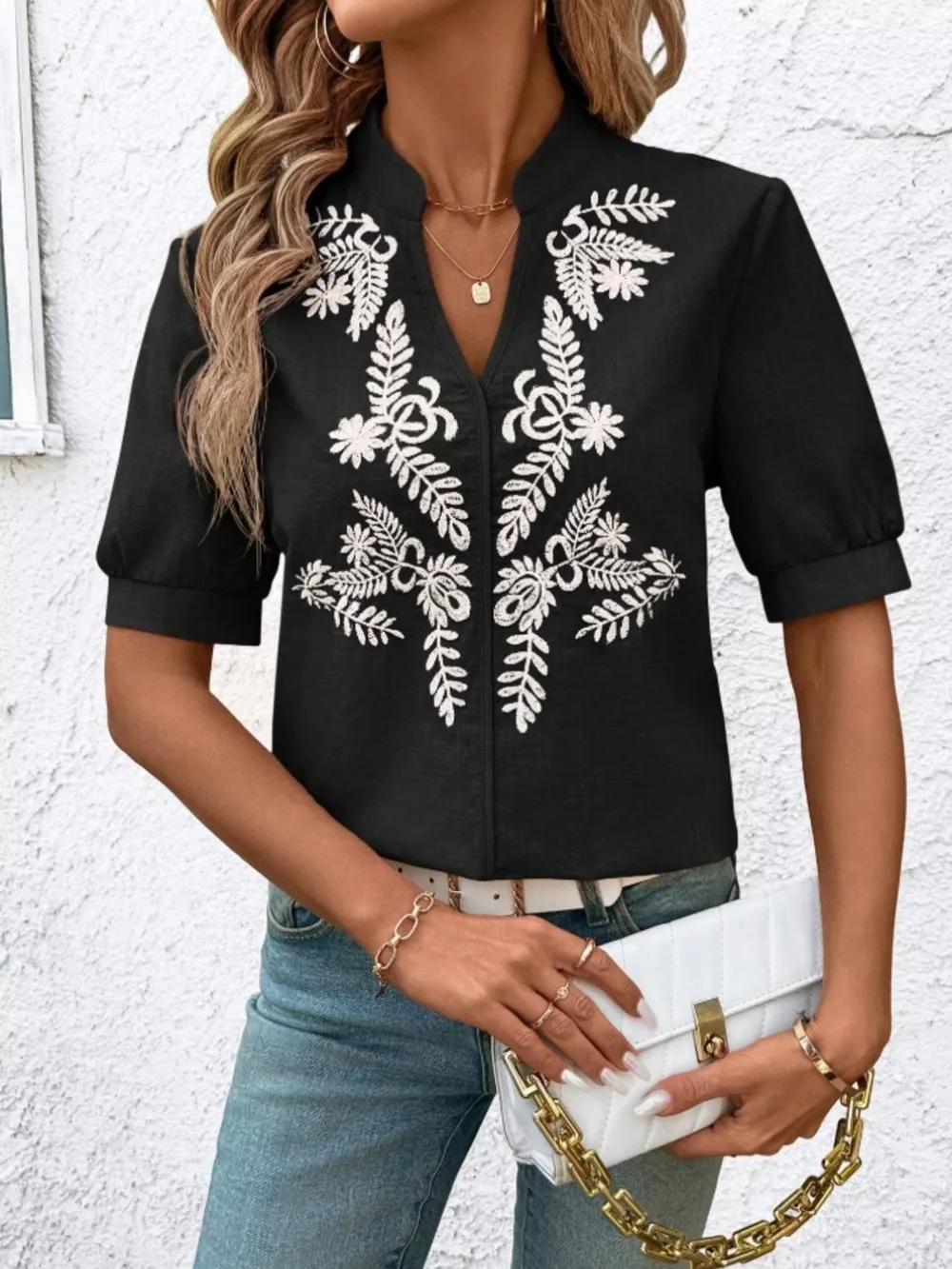 Embroidered Notched Short Sleeve Blouse, image 19