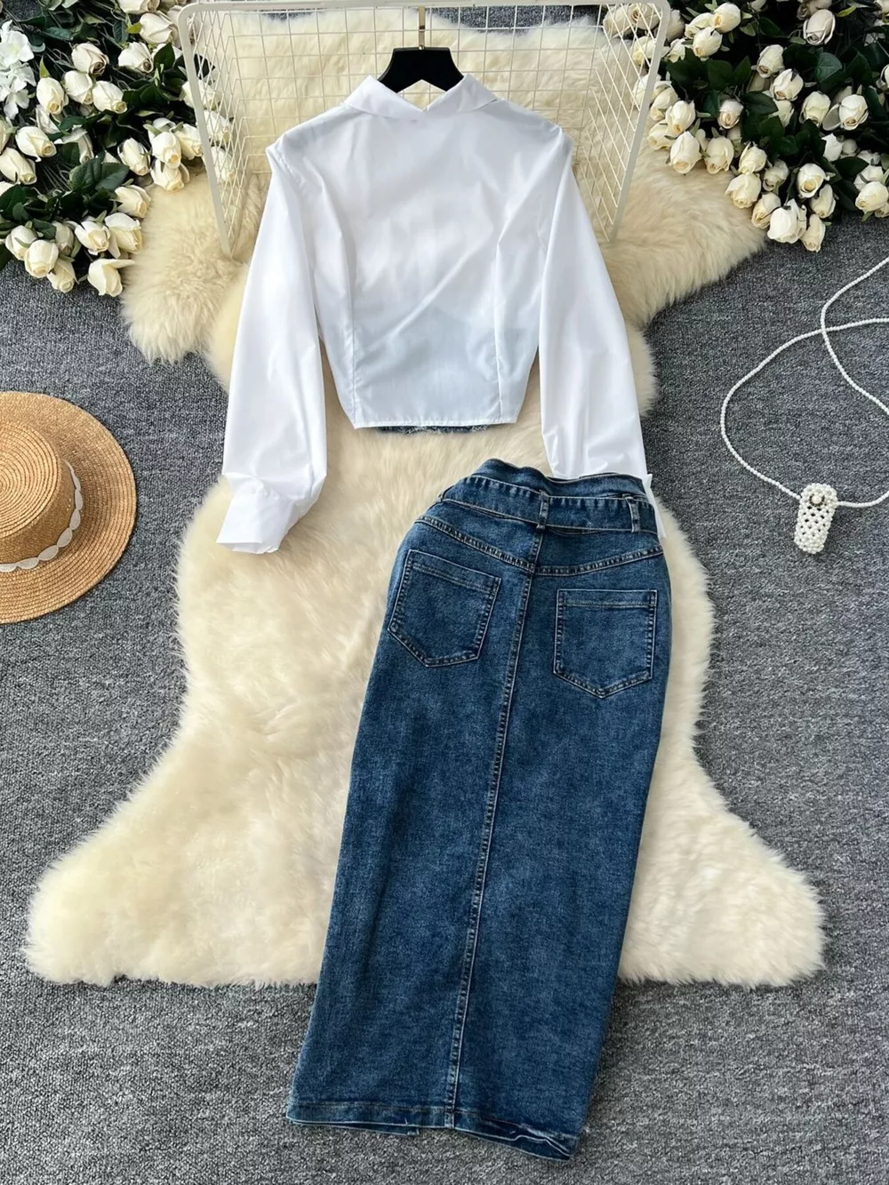 Frayed Denim Patchwork Top & Slit Maxi Skirt Denim Set, image 3