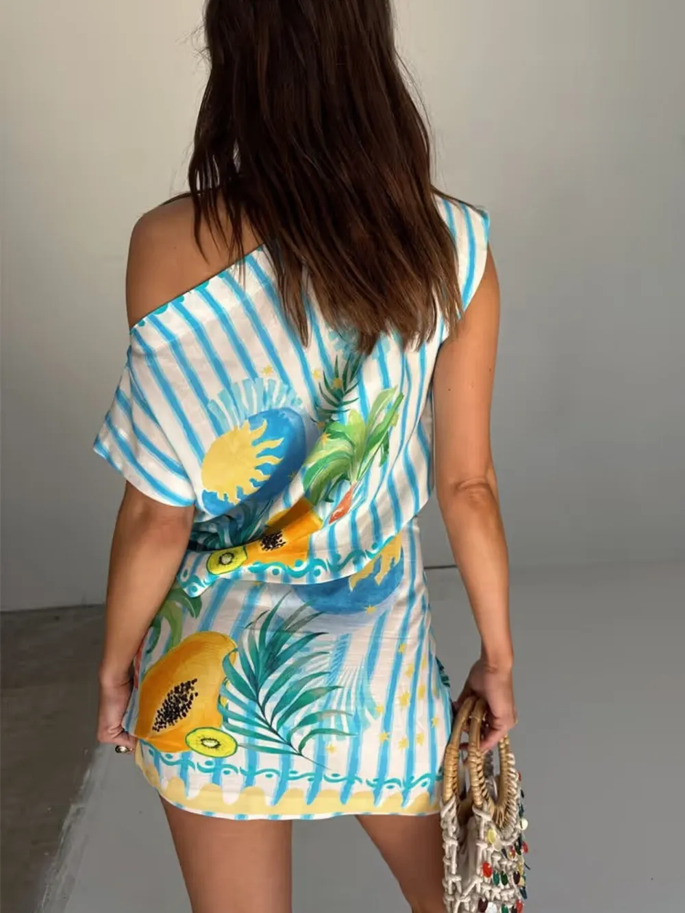 Printed Striped Single Shoulder Top and Skirt Set, image 5