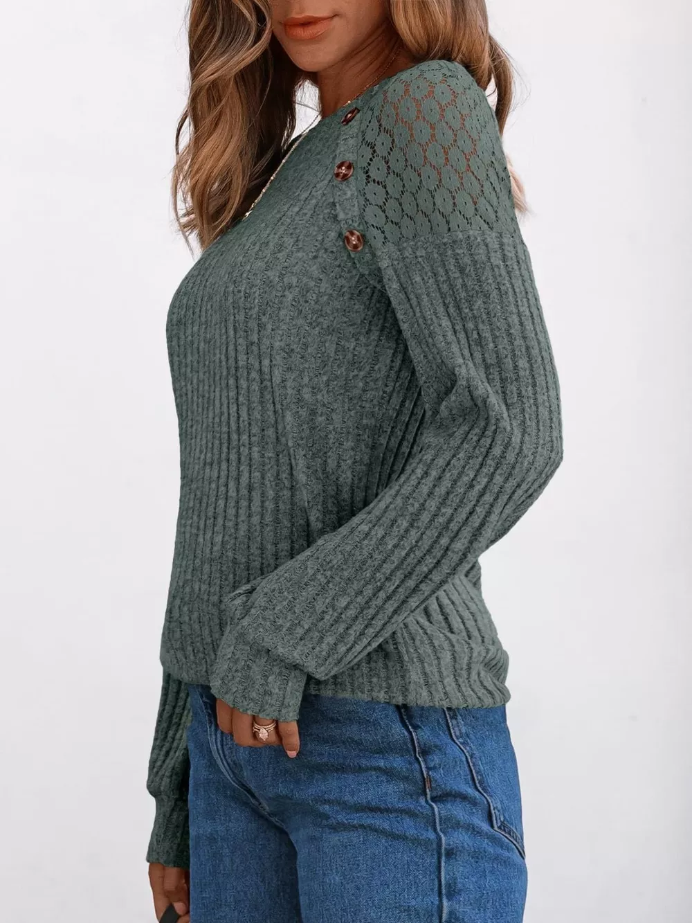 Ribbed Knit T-Shirt with Lace Shoulder Detail, image 8