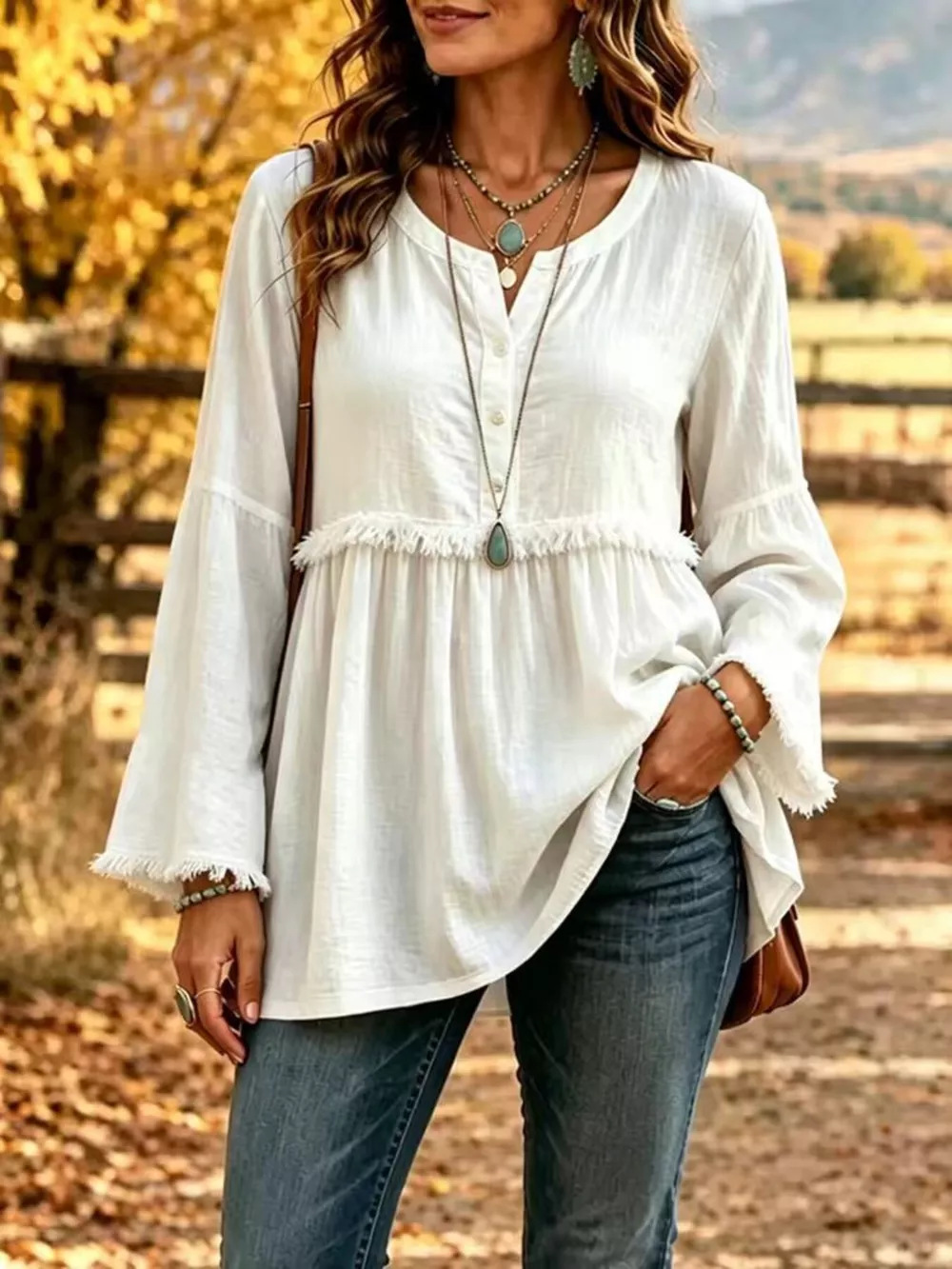 Full Size Fringed Button Detail Blouse Plus Size, image 11