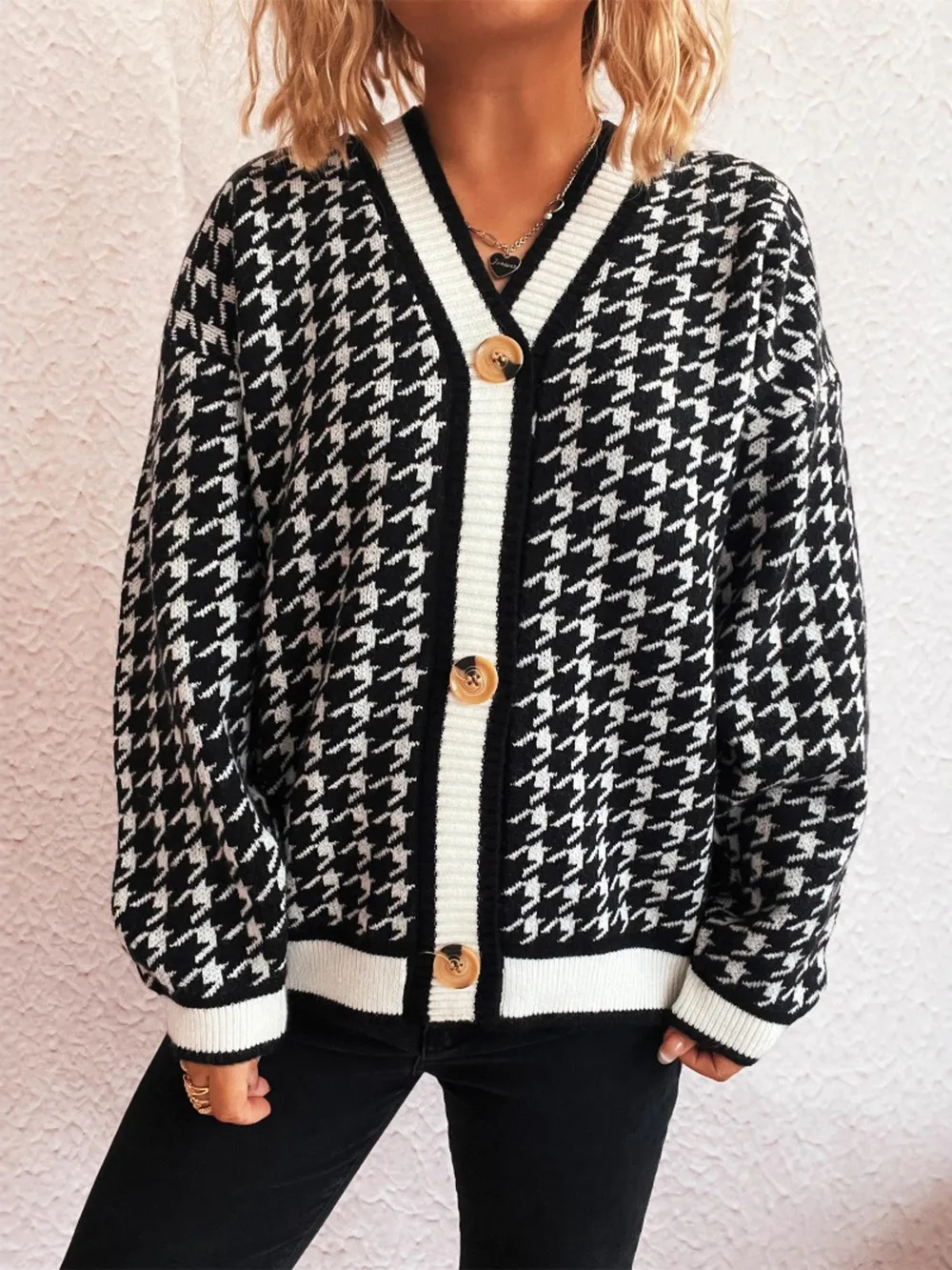 Houndstooth Pattern V-Neck Button-Up Cardigan, image 3