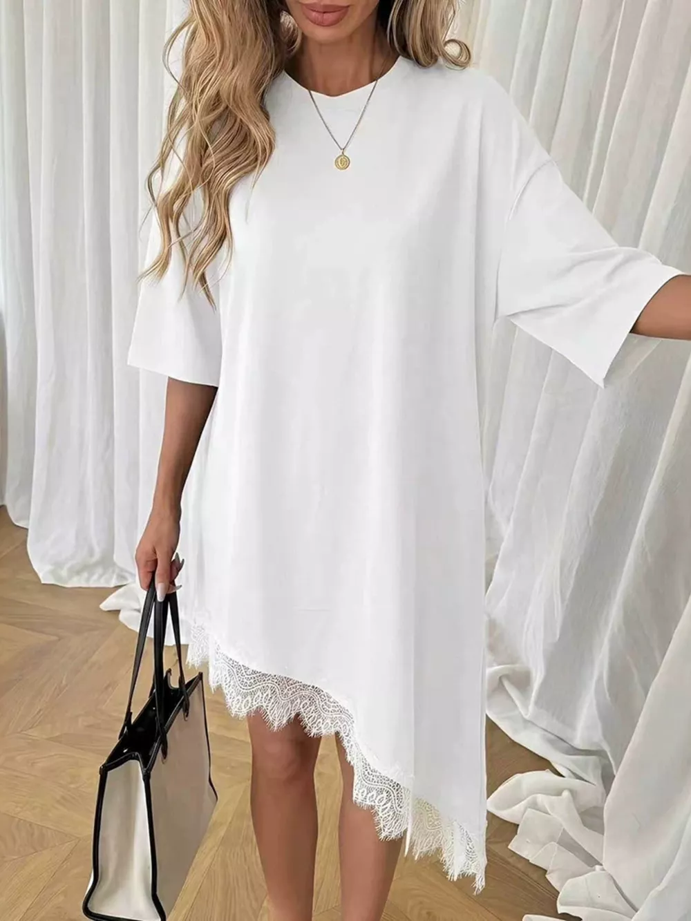 Lace Trim Asymmetrical Hem T-shirt Dress, image 3