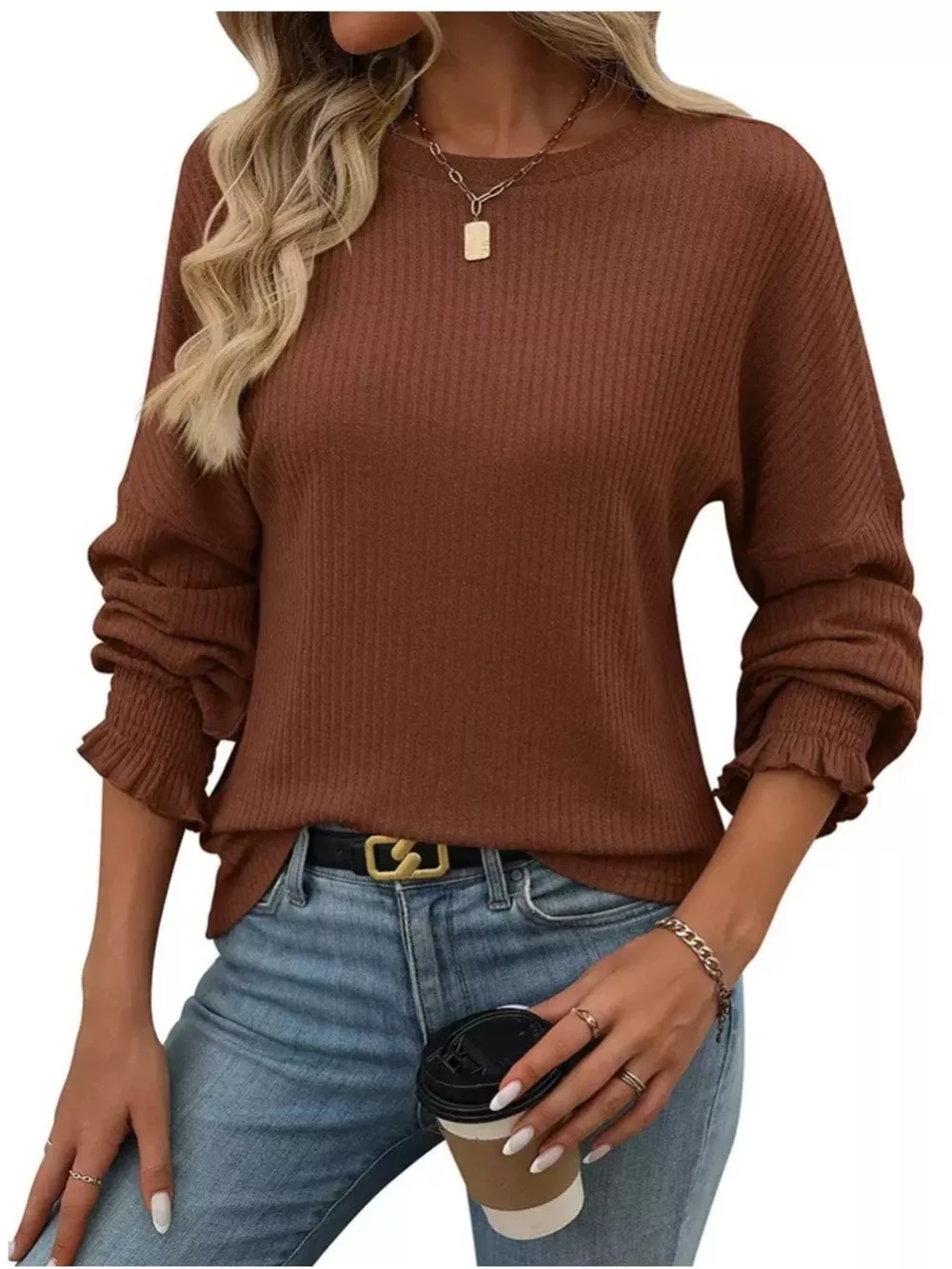 Ribbed Knit Long Sleeve T-Shirt, image 11