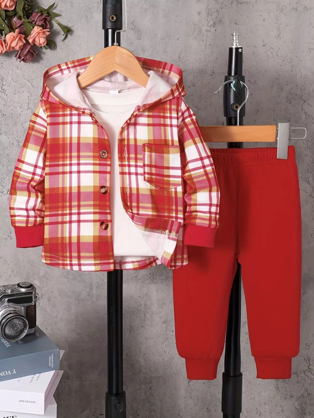 Children's Plaid Button Up Hooded Top & Pants Set
