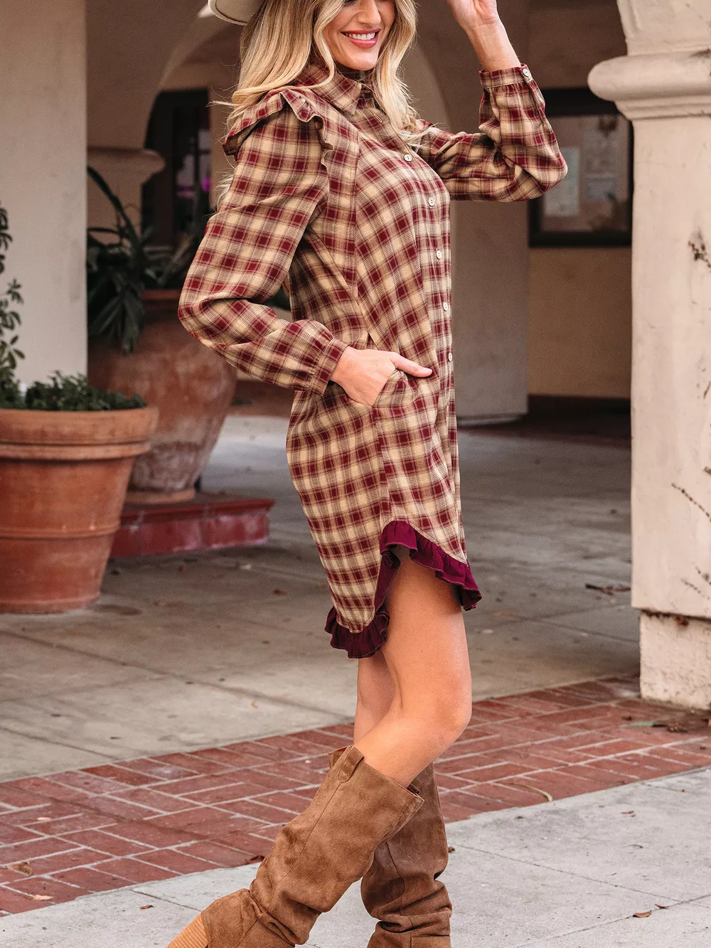 Plaid Print Ruffled Long Sleeve Patchwork Hem Mini Shirt Dress, image 7