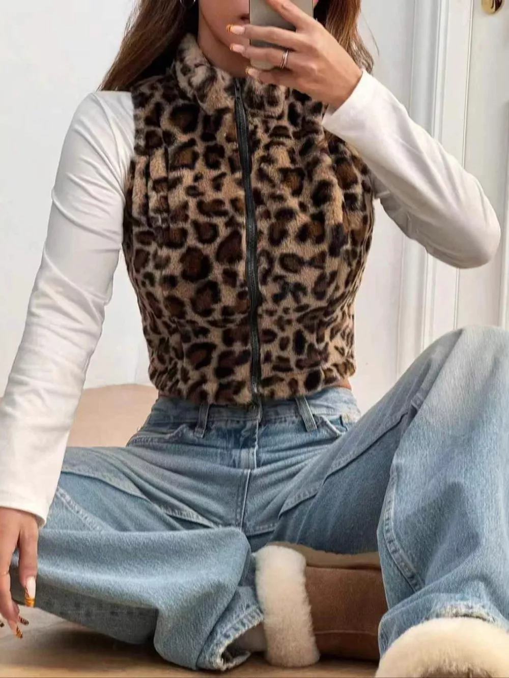 Leopard Zip Up Faux Fur Cropped Vest Coat, image 4