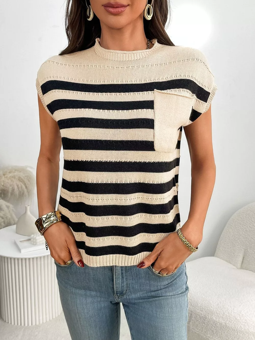 Striped Knit Pocket Detail Cap Sleeve Sweater, image 3