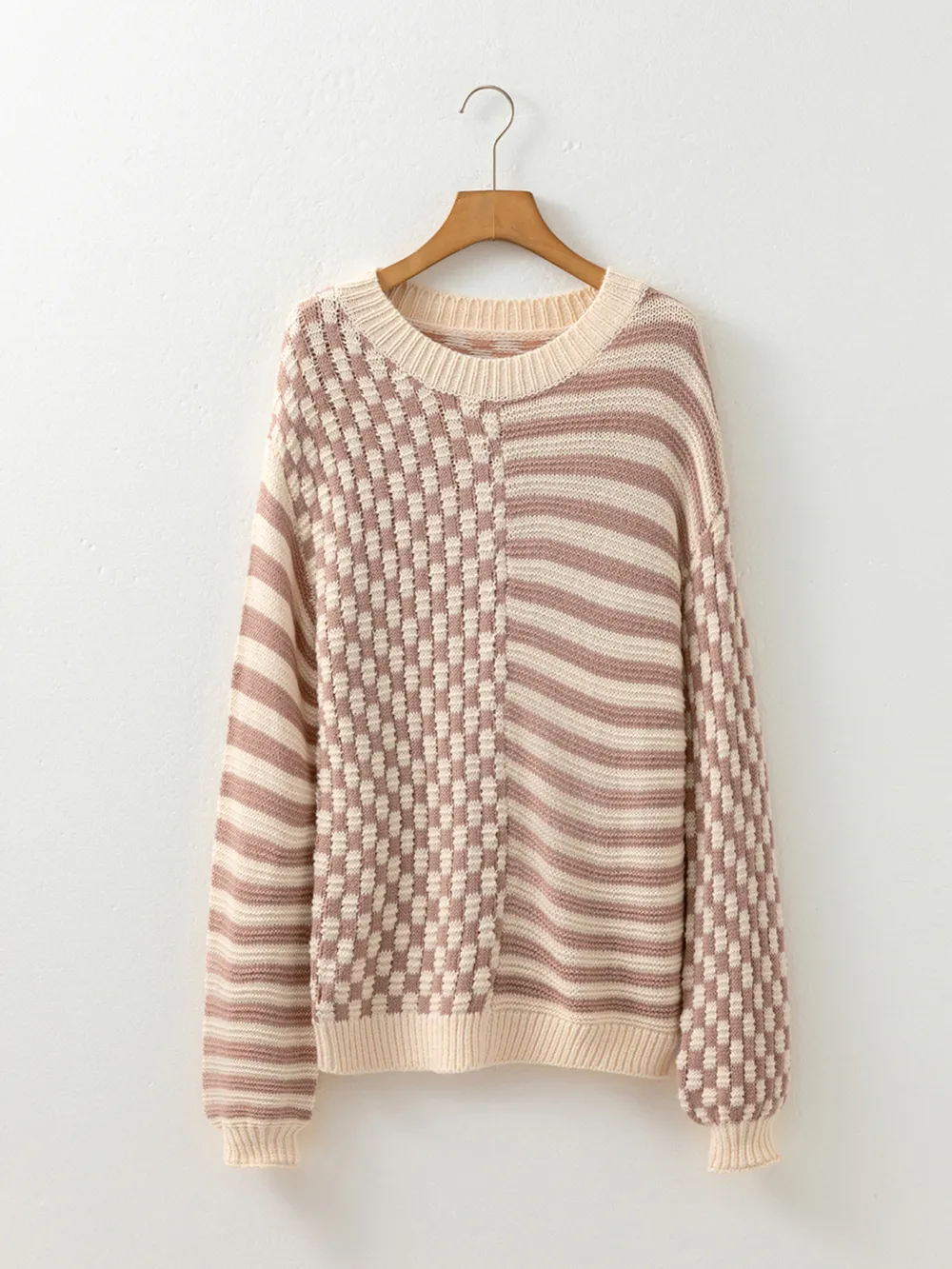Stripe Checkerboard Drop Shoulder Balloon Sleeve Sweater, image 7