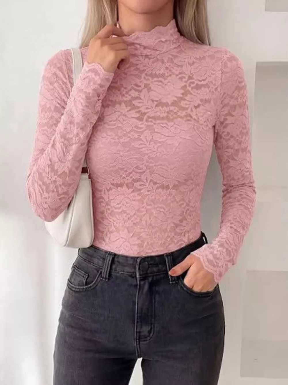 Mock Neck Floral Lace Long Sleeve Blouse, image 17