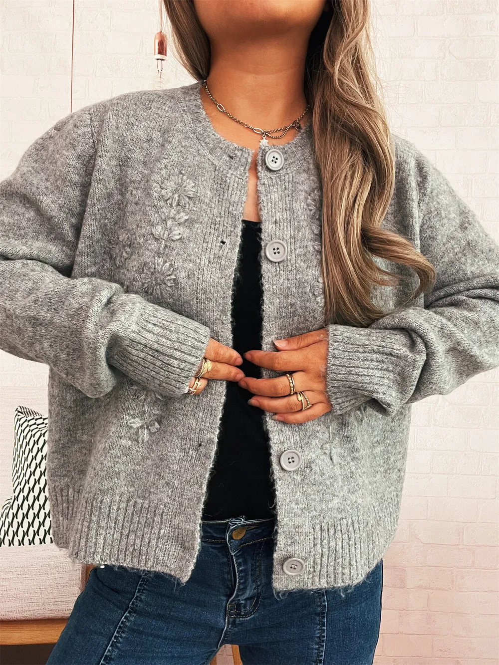 Flower Button Up Ribbed Hem Cardigan, image 17