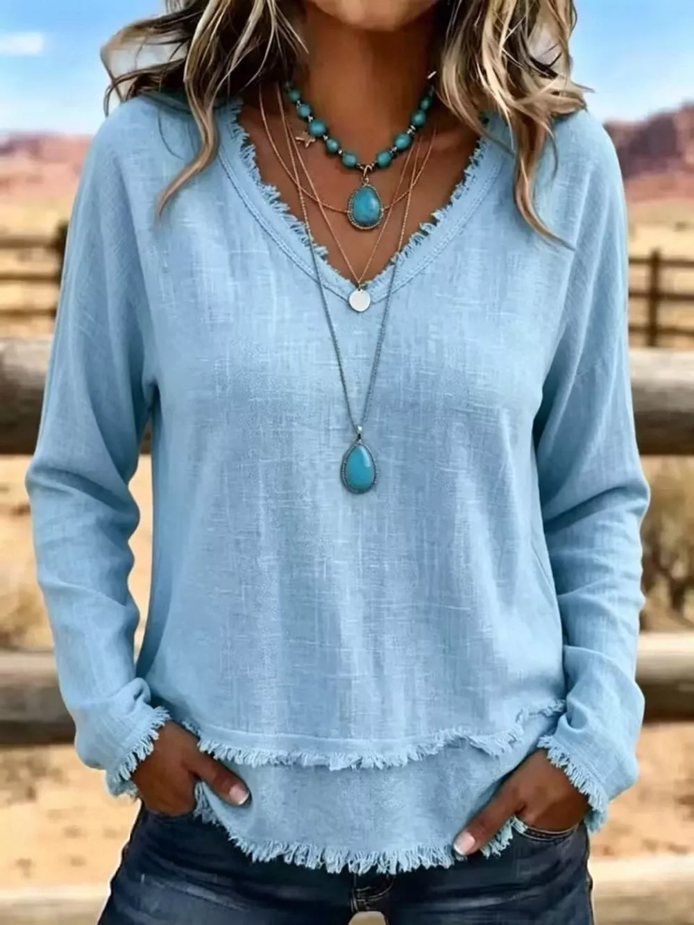 V-Neck Long Sleeve Blouse with Frayed Hem Detail, image 5