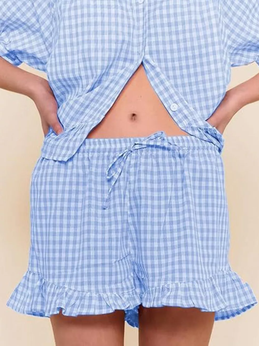 Gingham Ruffle Trim Top and Shorts Set, image 4