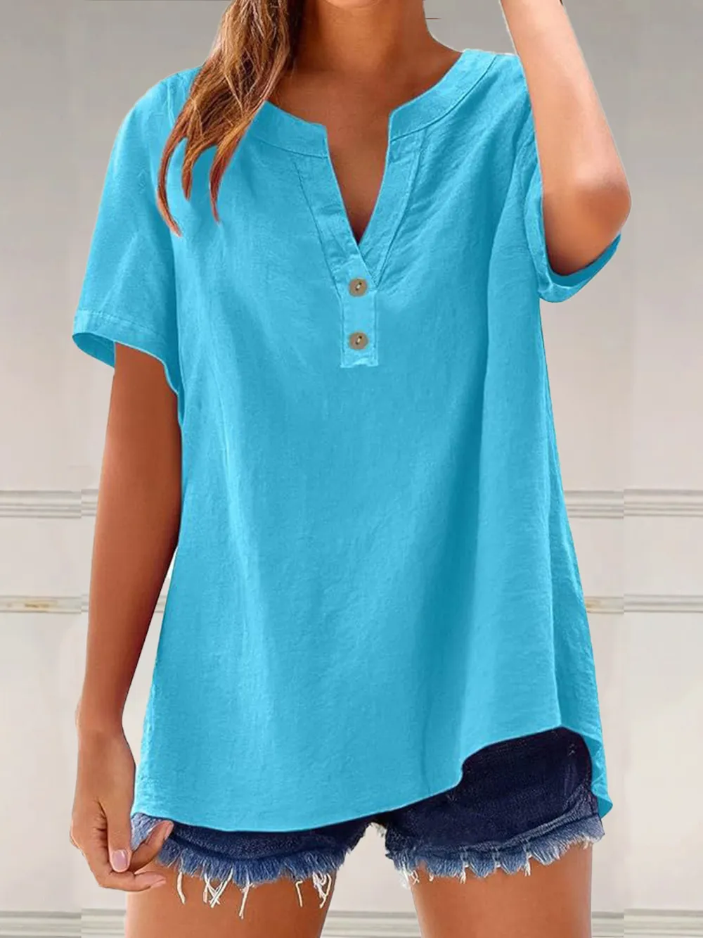 Full Size Notched Short Sleeve Blouse Plus Size, image 5