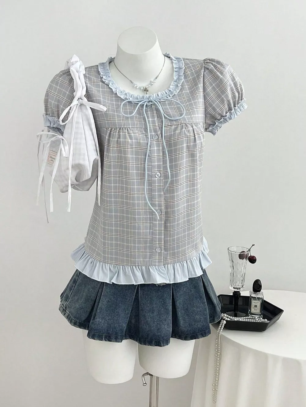 Plaid Ruffle Trim Puff Sleeve Blouse, image 3