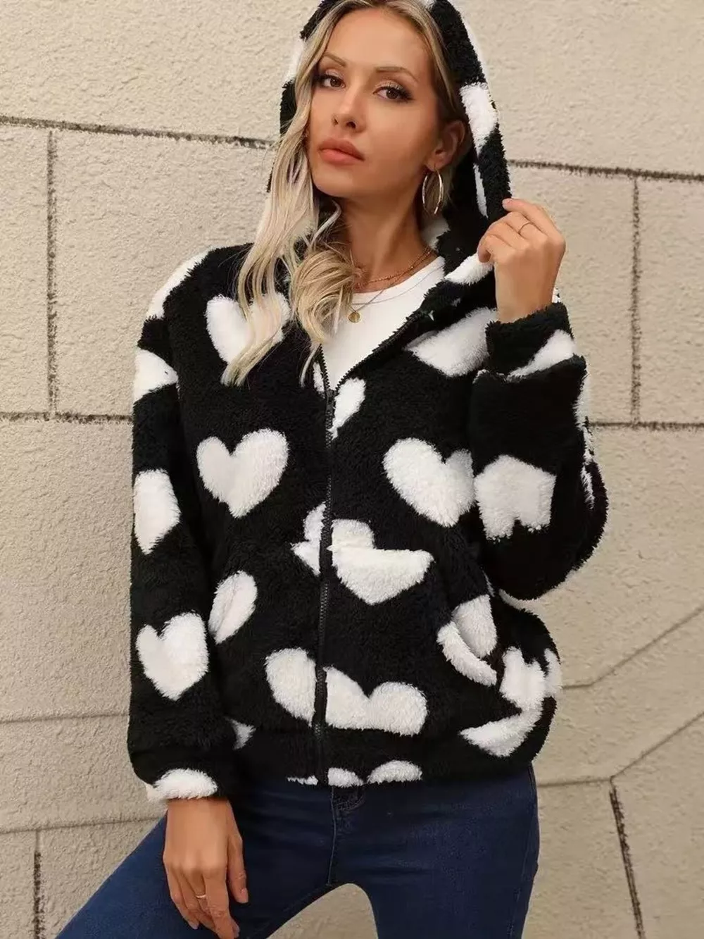 Heart Fuzzy Fleece Zip-Up Outerwear, image 2
