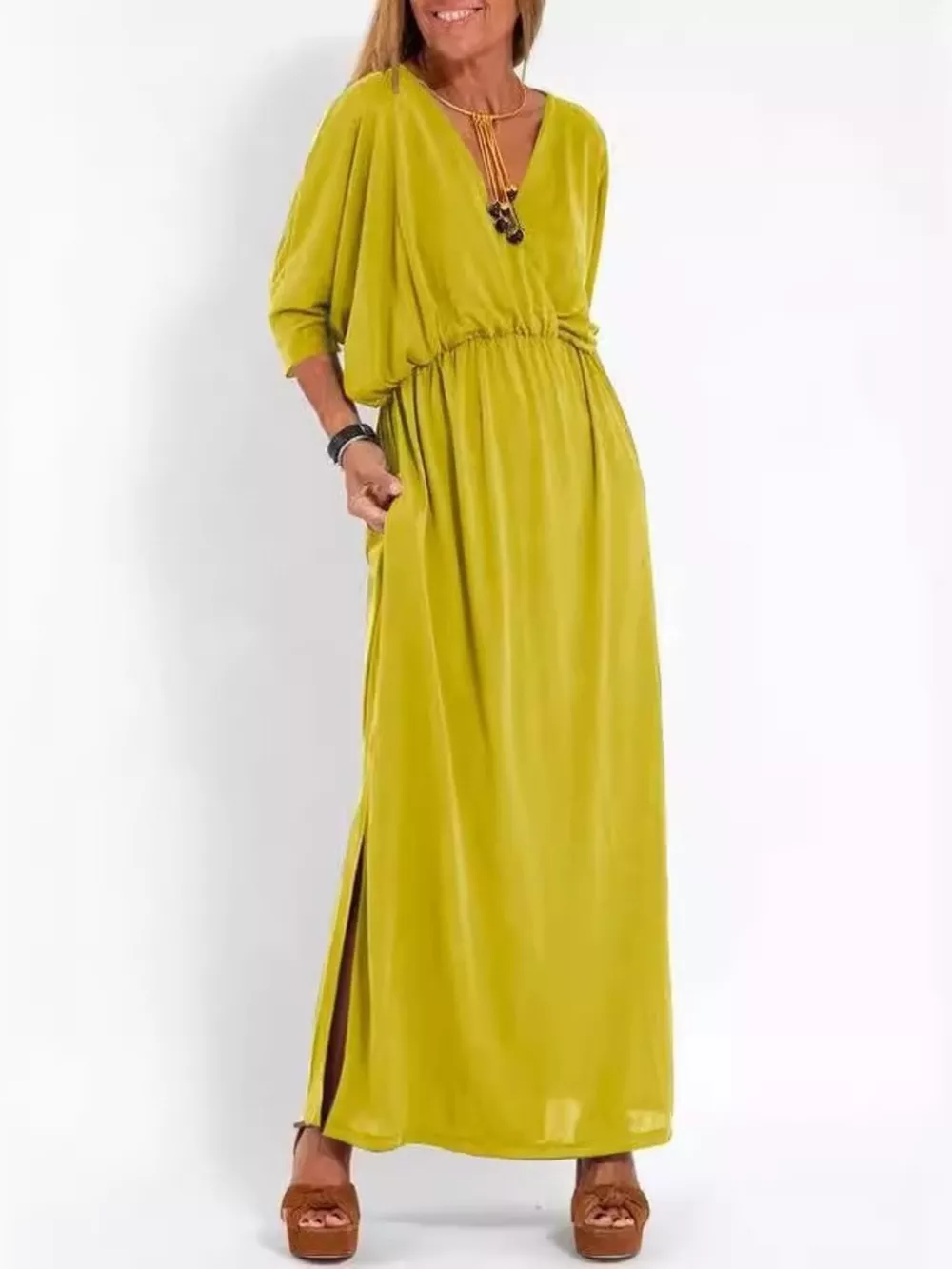 Full Size V-Neck Batwing Sleeve Maxi Dress with Side Slits Plus Size, image 18