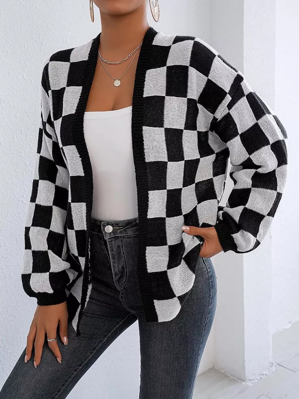 Checkerboard Pattern Open Front Knit Cardigan, image 3