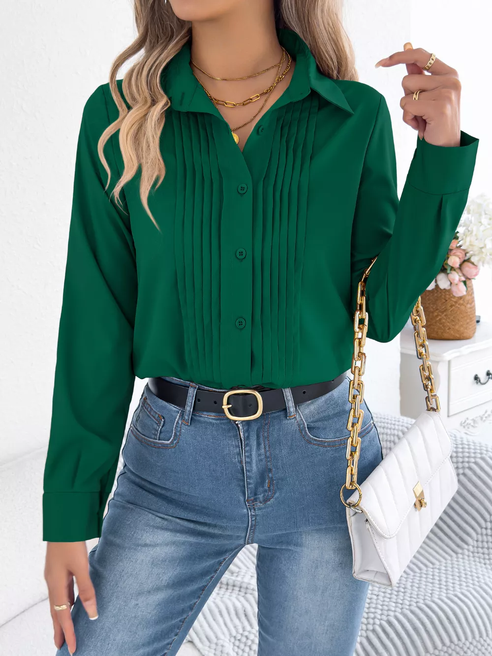 Pleated Front Long Sleeve Shirt