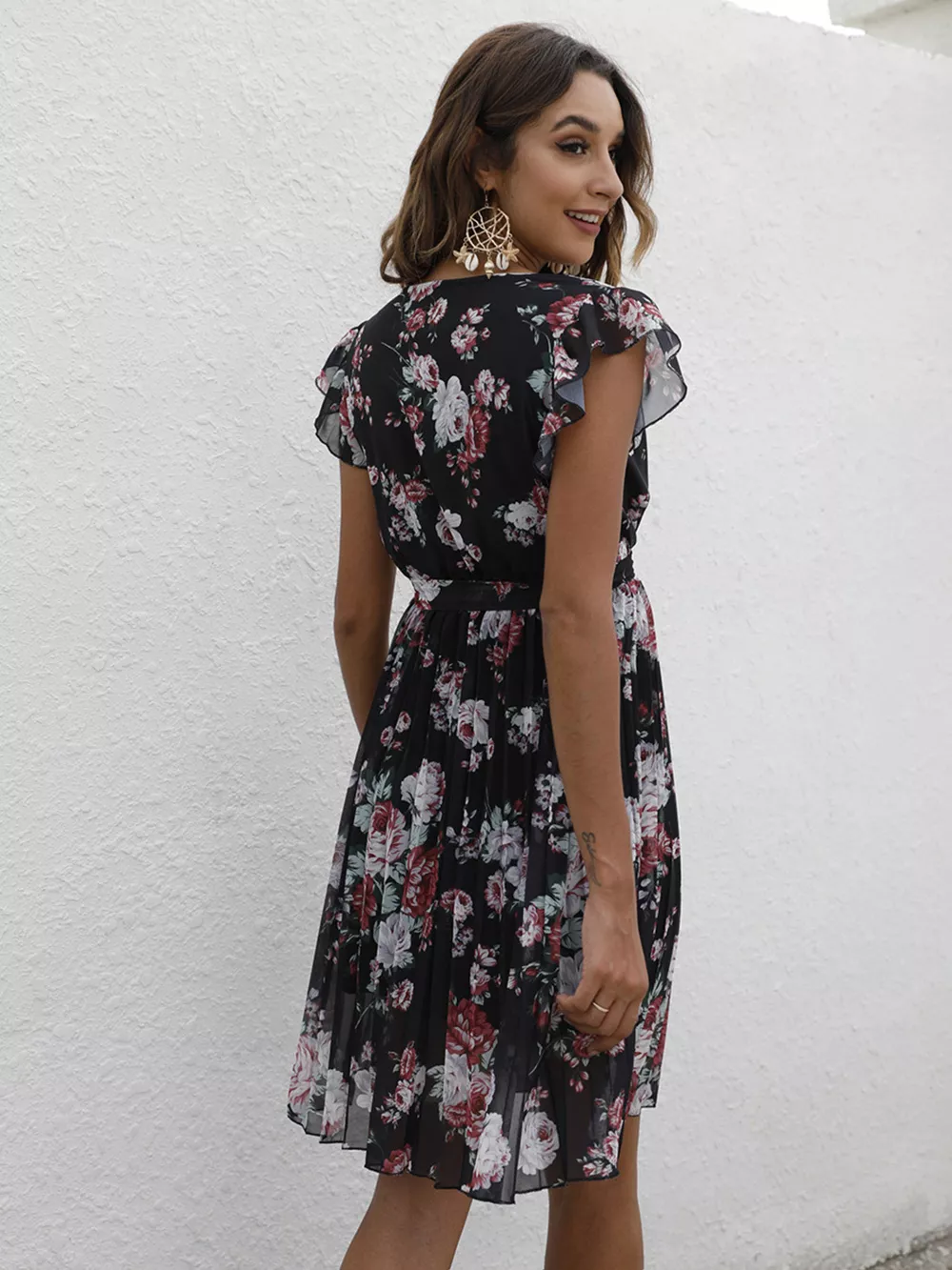 Pleated Floral Print Ruffle Sleeve Dress, image 10