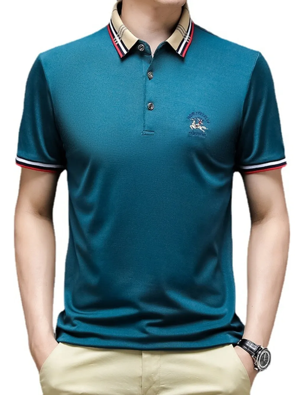 Men's Plus Size Striped Collar Short Sleeve Polo Shirt, image 7