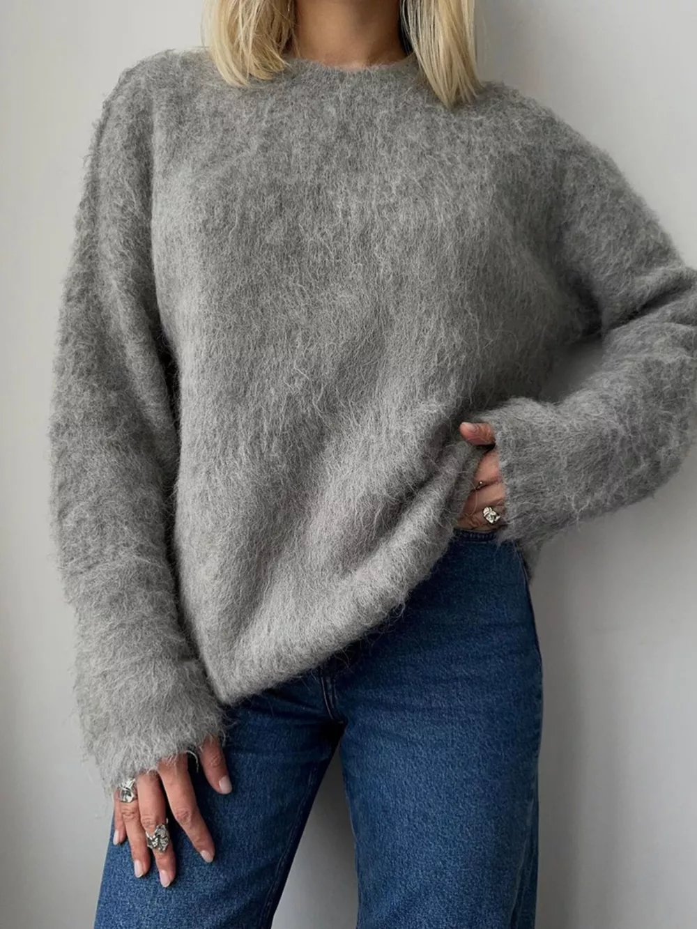 Fuzzy Round Neck Long Sleeve Sweater, image 5