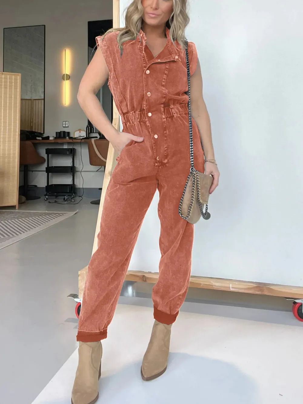 Full Size Button Front Cap Sleeve Denim Jumpsuit Plus Size, image 9