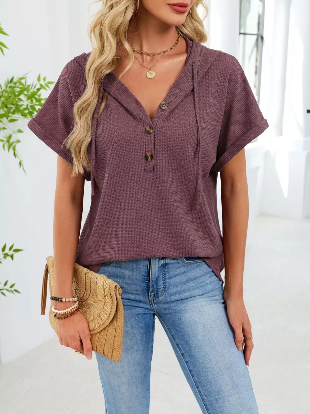 Casual Waffle Knit Button Detail Hooded Top, image 10