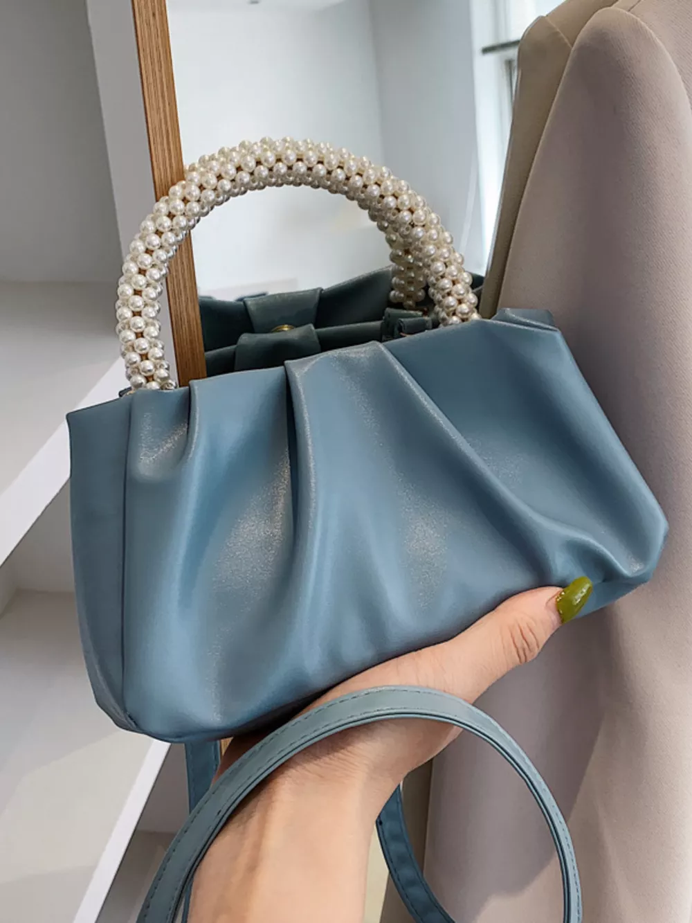 Pearl Handle Ruched Crossbody Bag, image 6