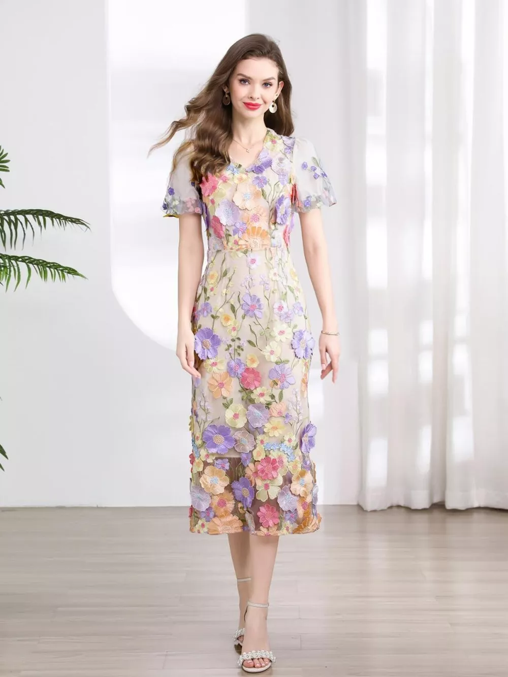 Floral Embroidered Puff Sleeve Midi Dress, image 4