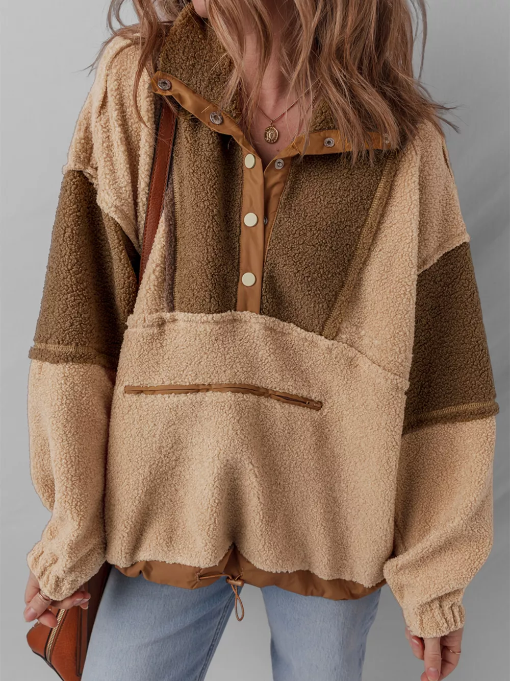 Color Block Patchwork Half Button Sherpa Sweatshirt, image 2