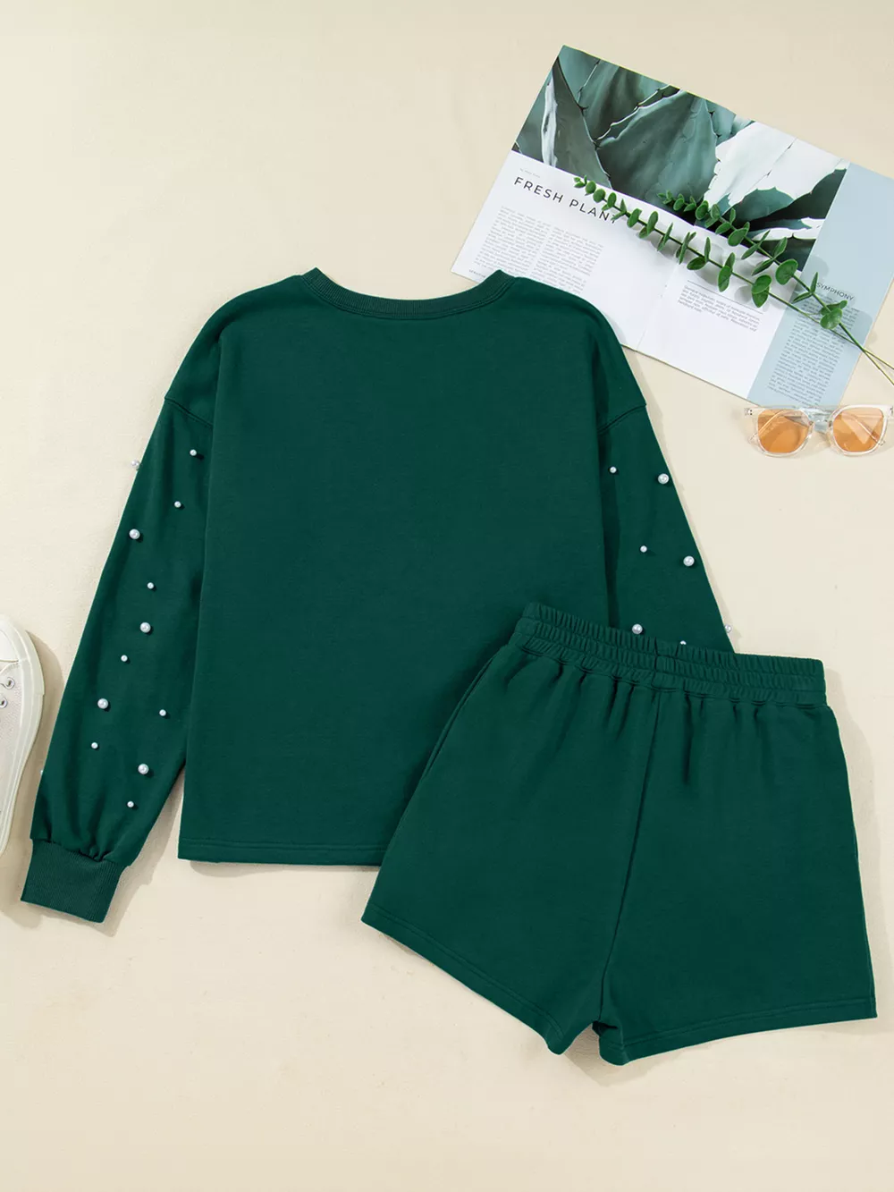 Pearl Embellished Drop Shoulder Pullover Elastic Waist Mini Skirt Set, image 6
