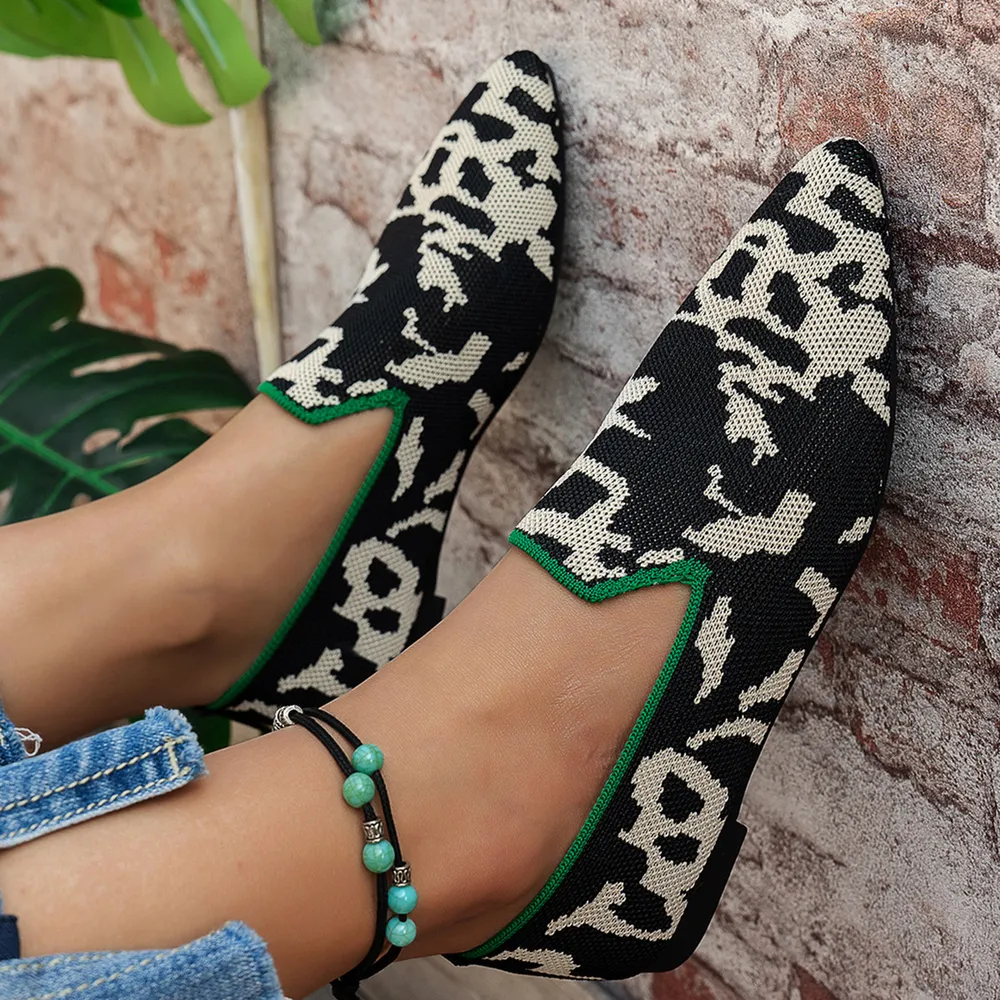 Point Toe Animal Print Knit Slip-On Loafers with Contrast Trim, image 2
