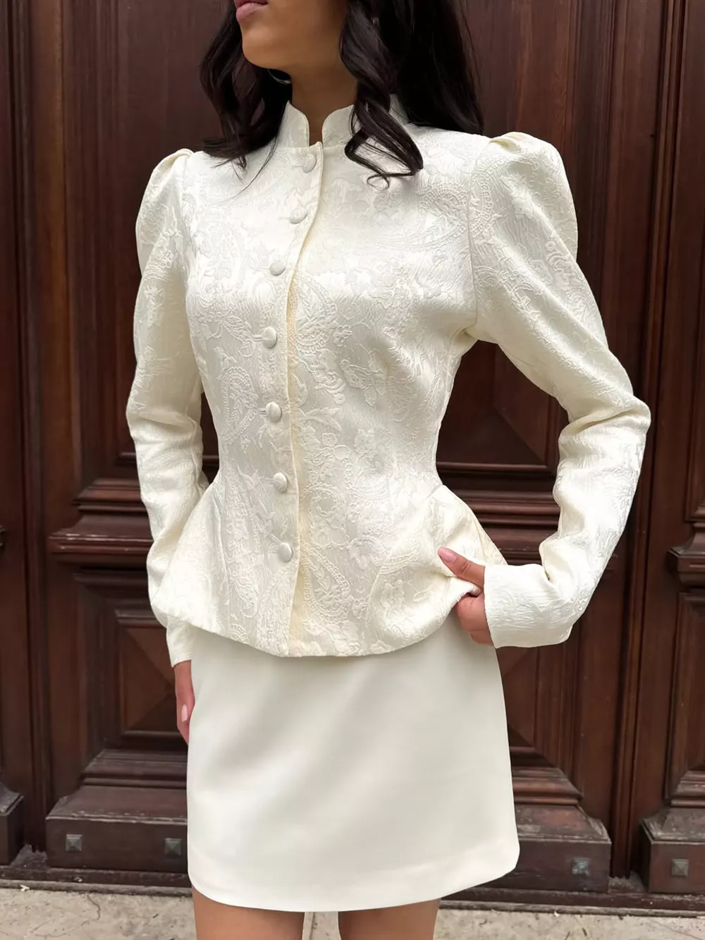 Jacquard Peplum Puff Sleeve Outerwear, image 2