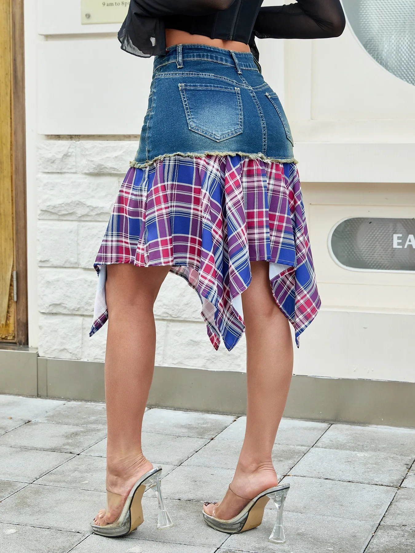 Asymmetric Plaid Hem Denim Skirt, image 5
