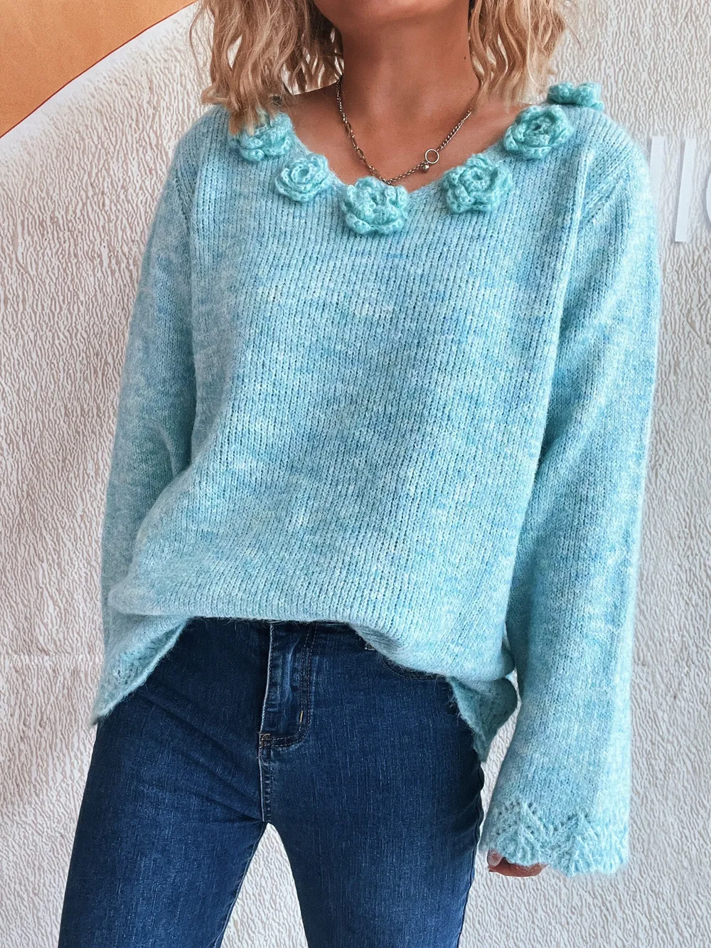 Flower V-Neck Long Sleeve Sweater, image 7
