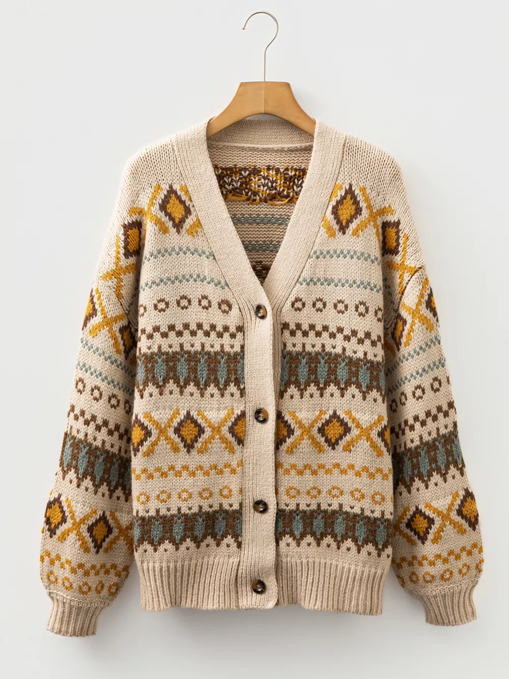 Western Pattern Knitted Button V Neck Cardigan Sweater, image 7