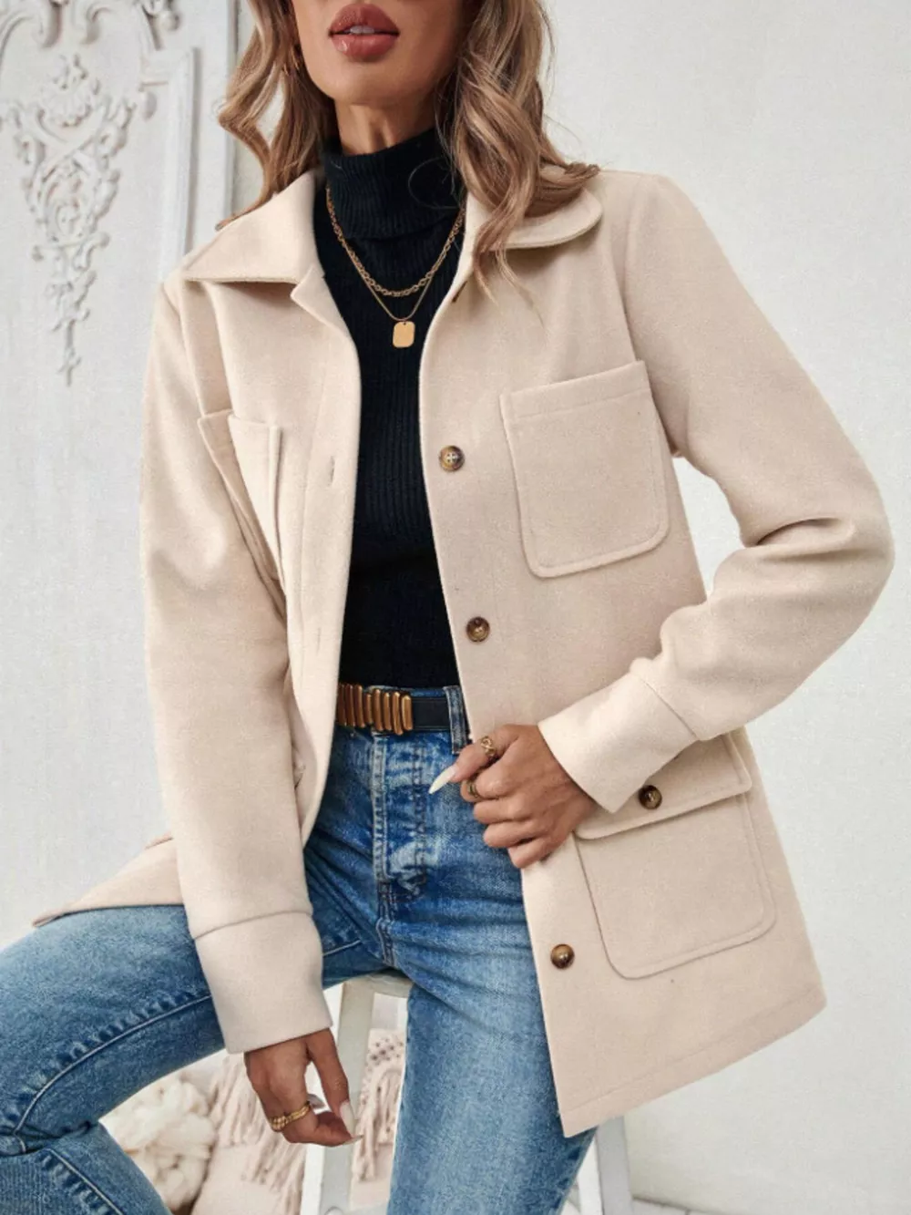 Button-Front Pocketed Long Sleeve Outerwear